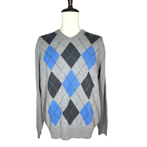 Allen Solly | Men | 100% 2-Ply Cashmere Gray Argyle V-Neck Sweater | Size Large - Picture 1 of 9